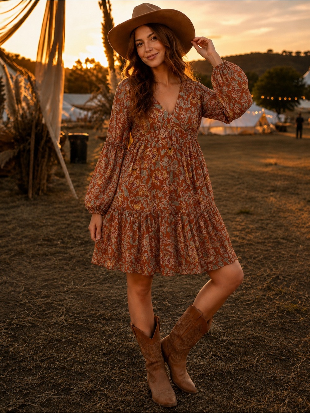Kate Lily Rust Floral Tiered Boho Dress Size 8